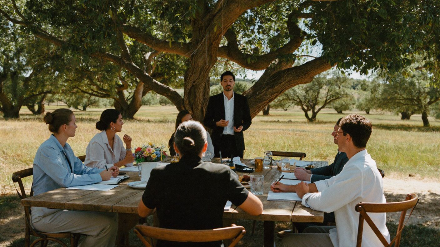 Sesión de desarrollo directivo alrededor de una mesa de trabajo bajo las encinas de la dehesa